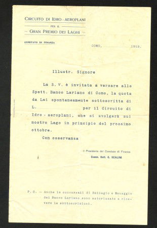 1913 - REGNO - LOTTO/LBF817 - DOCUMENTO SOTTOSCRIZIONE CIRCUITO IDRO-AEROPLANI
