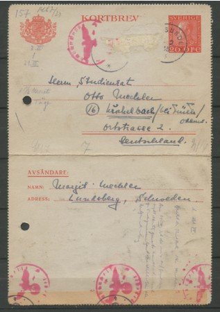 1915 - LOTTO/13083 - SVEZIA - BIGLIETTO POSTALE CON ANNULLI DI CENSURA TEDESCHI
