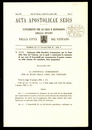 1982 - LOTTO/10988 - VATICANO - CALENDARIO GREGORIANO FOGLIETTO - ACTA APOSTOLICAE