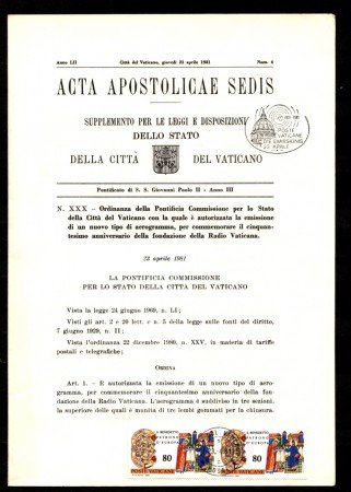 1981 - LOTTO/10998 - VATICANO - AEROGRAMMA RADIO VATICANA - ACTA APOSTOLICAE