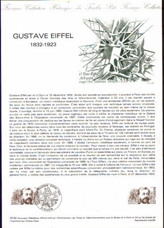 1982 - LOTTO/FRA2230DOC - FRANCIA - GUSTAVE EIFFEL DOC. FILATELICO
