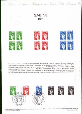 1981 - LOTTO/FRA2156DOC - FRANCIA - TIPO SABINE 3v. DOC. FILATELICO