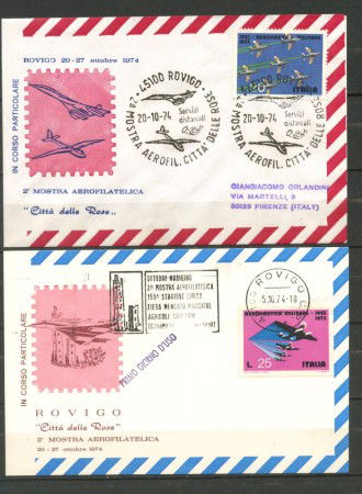 1974 - REPUBBLICA - LOTTO/42739 - ROVIGO MOSTRA AEROFILATELICA  - 2 BUSTE
