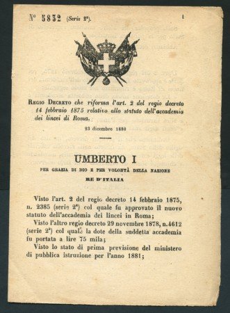 1880 - LOTTO/17214 - REGNO - REGIO DECRETO RE UMBERTO I°