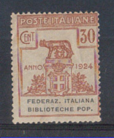 1924 - LOTTO/REGSS35L - REGNO - 30c. FEDERAZ. BIBLIOTECHE POP. -