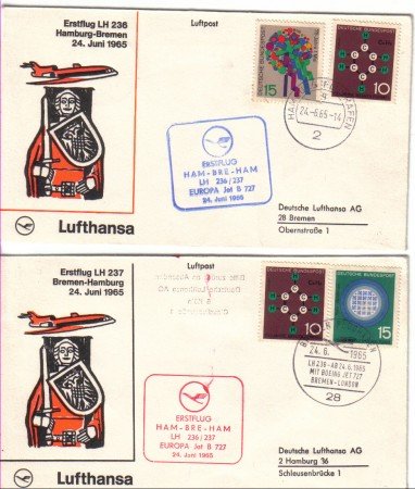 GERMANIA - 1965 - LBF/3237 -  PRIMO VOLO LUFTHANSA AMBURGO/BREMA/AMBURGO