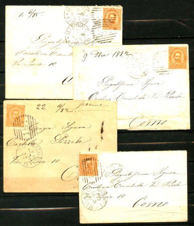 1883/85 - REGNO - LOTTO/42762 - INSIME DI 4 BUSTE AFFRANCATE CON 20 CENT. ANNULLO 181 MILANO