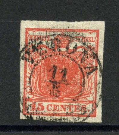 1851 - LOMBARDO VENETO - LOTTO/40468 - 15 CENTESIMI  ROSSO VERMIGLIO - CARTA A COSTE - USATO VERONA