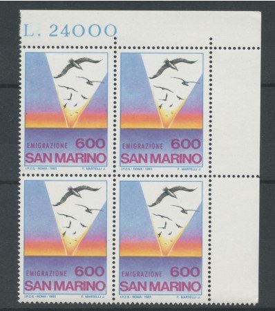1985 - LOTTO/8053Q - SAN MARINO - EMIGRAZIONE - QUARTINA NUOVI