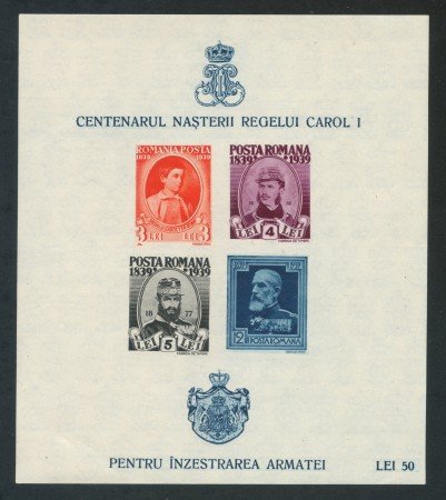 1939/40 - ROMANIA - CENTENARIO NASCITA CAROL I° - FOGLIETTO NUOVO N.D. - LOTTO/29316