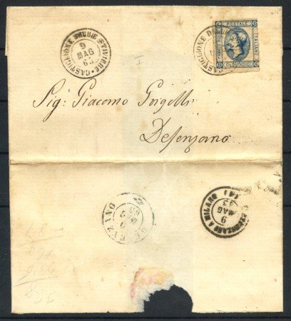 1863 - REGNO - LOTTO/41065 - 15 CENT. AZZURRO I° TIPO SU BUSTA DA CASTIGLIONE STIVIERE