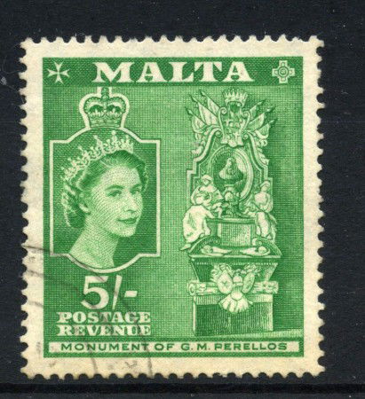 1956 - MALTA - LOTTO/43294 - 5 s. VERDE EFFIGIE DELLA REGINA ELISABETTA - USATO