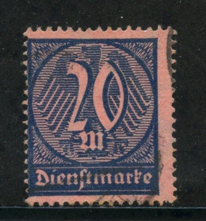 1922/23 - GERMANIA REICH SERVIZI - 20m. AZZURRO SU ROSA - USATO - LOTTO/29262