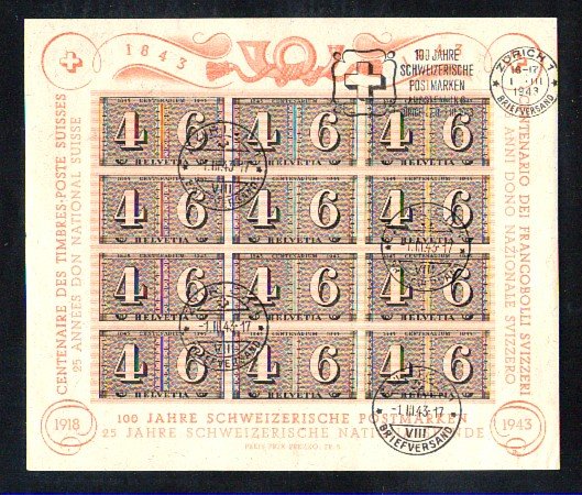 1943 - LOTTO/10667U - SVIZZERA - CENTENARIO FRANCOBOLLI  FOGLIETTO 12v. - USATO