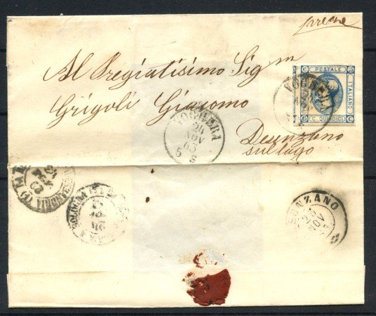 1863 - REGNO - LOTTO/41064 -  15 CENT. AZZURRO II° TIPO SU BUSTA DA VOGHERA