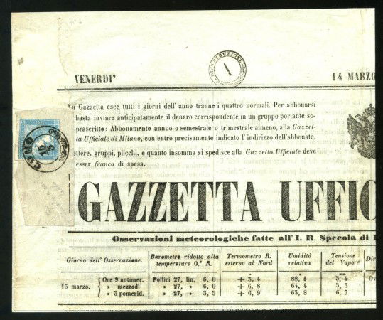 1851 - LOMBARDO VENETO - LOTTO/39939 - 6 K. SU GIORNALE GAZZETTA UFFICIALE