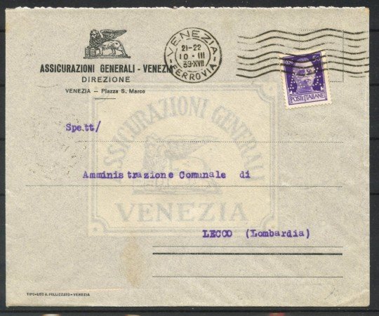 1939 - LOTTO/40446 - BUSTA DA VENEZIA A LECCO AFFR. CON 50 CENT.  PERFIN