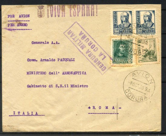 1938 - SPAGNA - LOTTO/42429 - BUSTA VIA AEREA DA CORUNA A ROMA CENSURA MILITARE