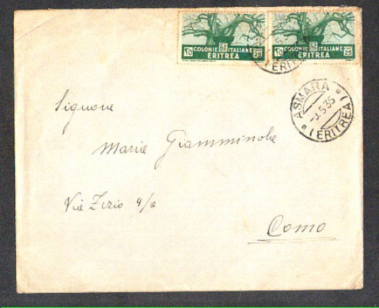 1935 - LOTTO/10734 - ERITREA - 25 CENT. COPPIA SU BUSTA PER COMO