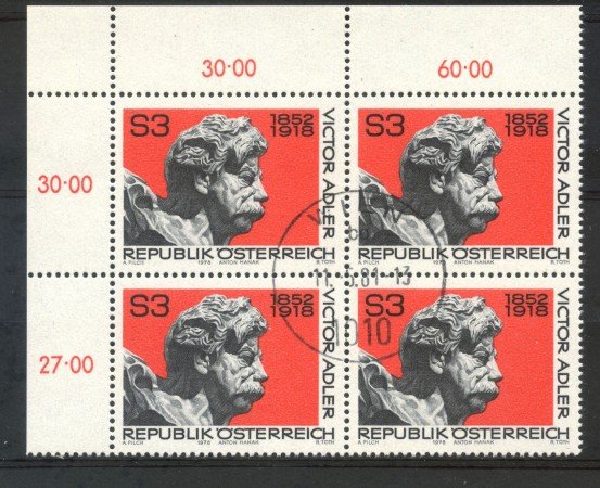 1978 - AUSTRIA - VICTOR ADLER - QUARTINA USATI - LOTTO/16403QU