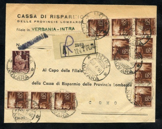 1946 - LUOGOTENENZA - BUSTA RACCOMANDATA DA INTRA A COMO - LOTTO/30305