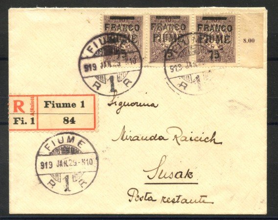 1919 - FIUME - LOTTO/39757 - 15f. su 10f. SEGNATASSE - BUSTA RACC.