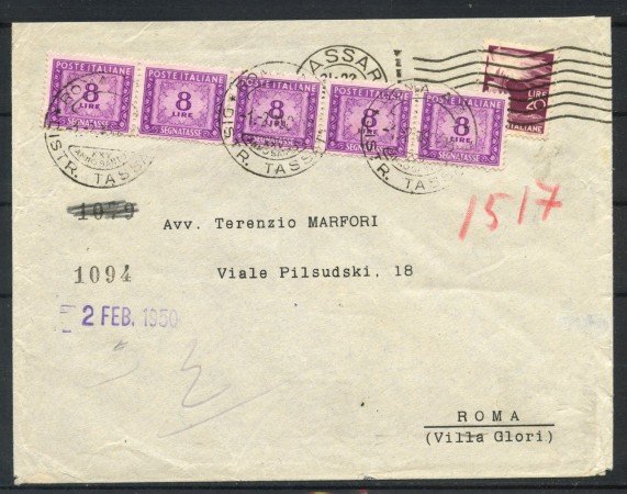 1950 - REPUBBLICA - LOTTO/41714 -  BUSTA DA SASSARI A ROMA TASSATA CON 5 SEGNATASSE