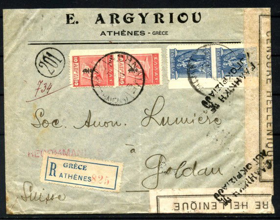 1919 - GRECIA - LOTTO/42427 - BUSTA RACCOMANDATA DA ATENE PER GOLDAU - ANNULLI DI CENSURA