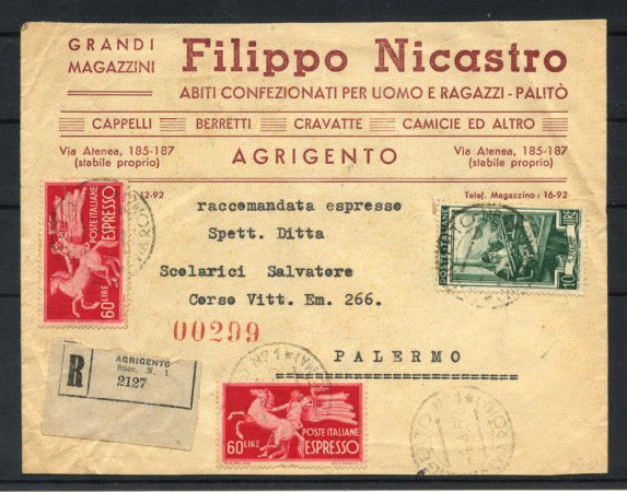 1952 - REPUBBLICA - LOTTO/41860  - RACCOMANDATA DA  AGRIGENTO PER PALERMO