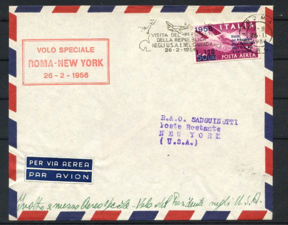 1956 - ITALIA - LOTTO/41589 - VOLO SPECIALE VISITA DEL PRESIDENTE GRONCHI IN USA E CANADA