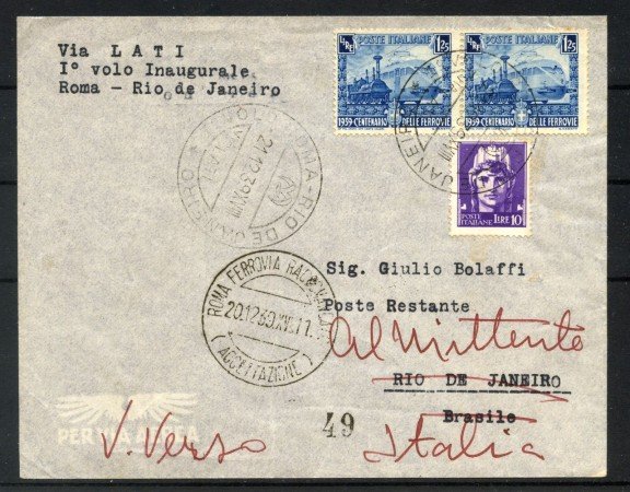 1939 - REGNO - LOTTO/40064 -  PRIMO VOLO LATI ROMA - RIO DE JANEIRO