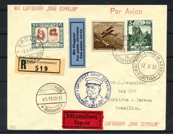 1933 - LIECHTENSTEIN - LOTTO/42259 - 1° VIAGGIO DEL DIRIGIBILE Lz 127 IN AMERICA DEL SUD