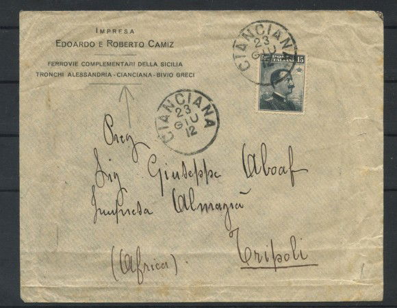 1912 - REGNO - LOTTO/41861 - BUSTA DA CIANCIANA A TRIPOLI - 
