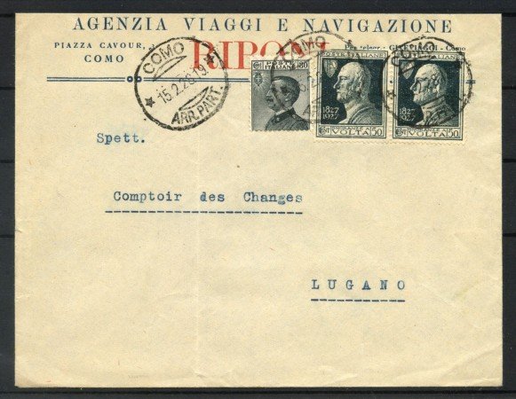1928 - REGNO - LOTTO/40025 - 50 cent. A. VOLTA COPPIA SU BUSTA PER L'ESTERO