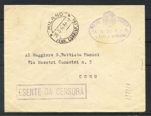 1942 - REGNO - LOTTO/42438 - BUSTA IN FRANCHIGIA DELLE REGIE POSTE