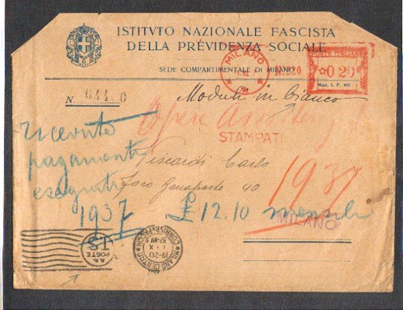 MILANO - 1937 - LOTTO/10736 - BUSTA CON AFFRANCATURA MECCANICA  TASSATA
