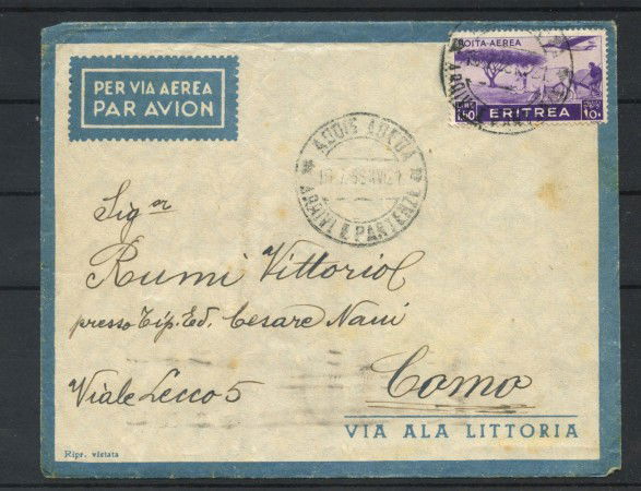 1938 - ERITREA - LOTTO/42191 - POSTA AEREA 1,50 LIRE SU BUSTA PER COMO