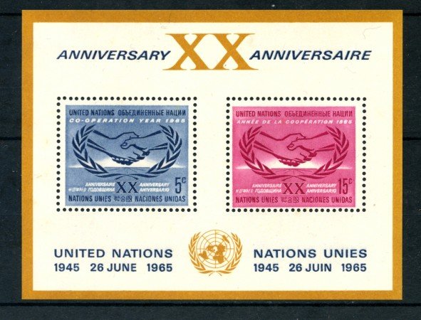 1965 - LOTTO/21367 - ONU U.S.A - XX° ANNIVERSARIO ONU FOGLIETTO - NUOVO