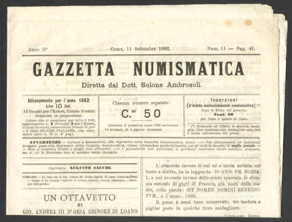 1882 - REGNO - LOTTO/42931 - GIORNALE LA GAZZETTA NUMISMATICA NUM. 11