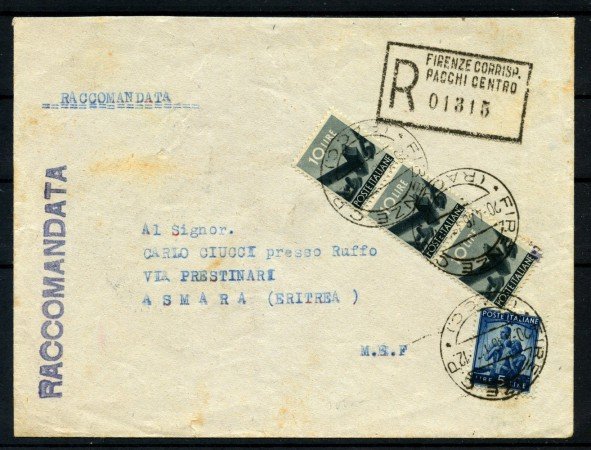 1946 - LUOGOTENENZA - LOTTO/41581 - RACCOMANDATA DA FIRENZE PER L'ASMARA