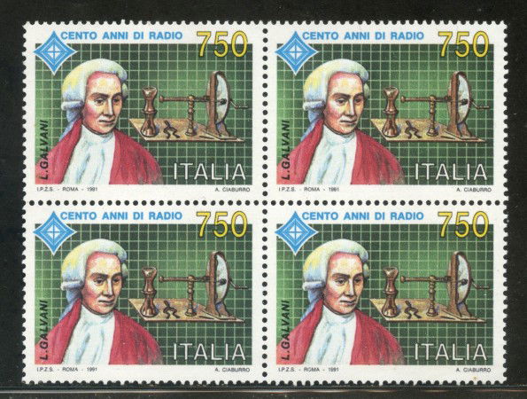 1991 - LOTTO/6970Q - REPUBBLICA - CENTENARIO RADIO GALVANI - QUARTINA NUOVI