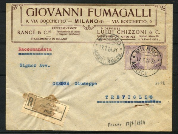 MILANO - 1924 - LOTTO/1572 - BUSTA RACCOMANDATA DA MILANO A TREVIGLIO