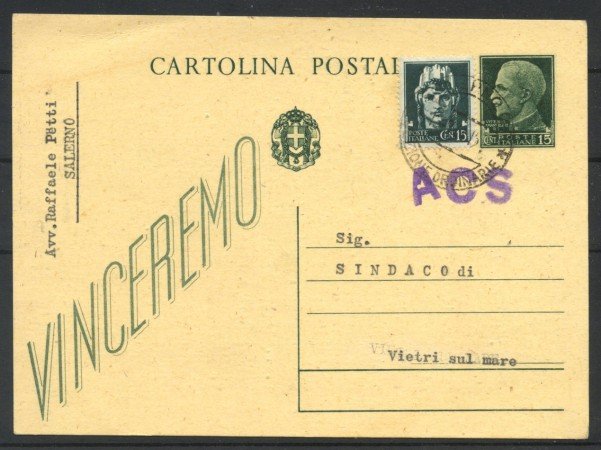 1944 - LUOGOTENENZA - LOTTO/40309 - CARTOLINA POSTALE DA 15 cent. con AFFRANCATURA AGGIUNTA