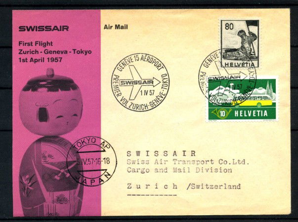 1957 - SVIZZERA - LOTTO/41590 - PRIMO VOLO SWISSAIR ZURIGO  GINEVRA TOKIO