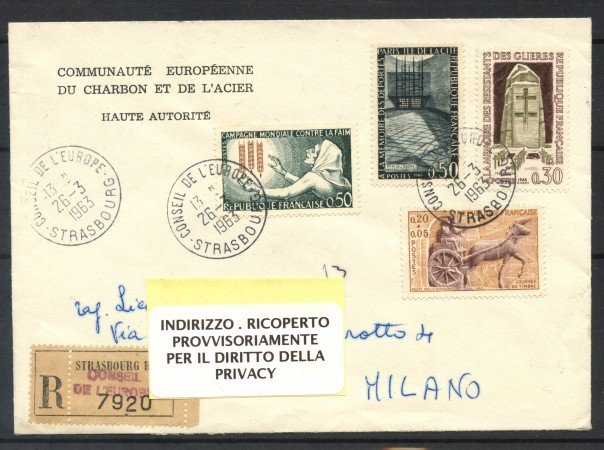 1963 - FRANCIA -  STRASBURGO BUSTA RACCOMANDATA PER MILANO - LOTTO/31969