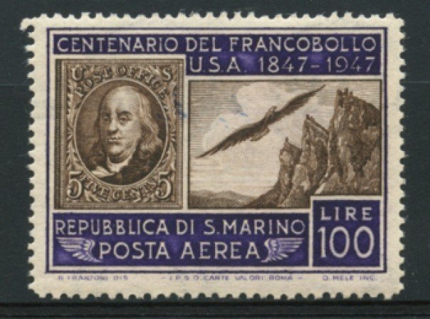 1947 - LOTTO/12014 - SAN MARINO - POSTA AEREA 100 LIRE FRANCOBOLLO USA - LING.