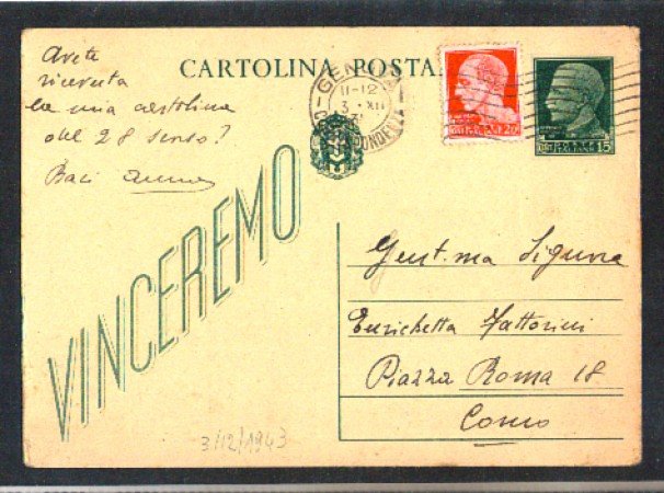 1943 - LOTTO/10701 - RSI - CARTOLINA POSTALE VINCEREMO