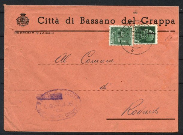 1944 - REPUBBLICA SOCIALE - LOTTO/42220 -  BUSTA DA BASSANO DEL GRAPPA A ROVERETO 