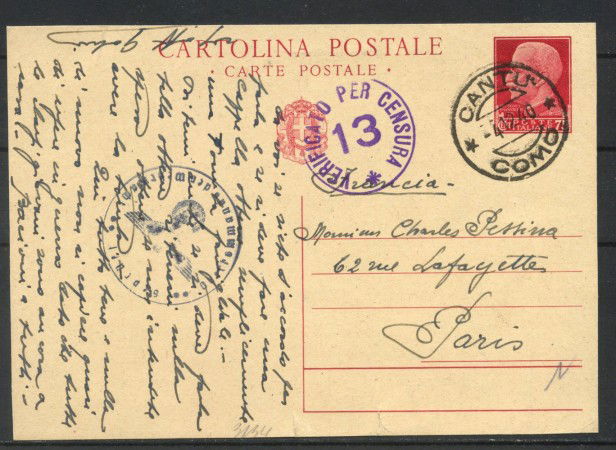 1940 - REGNO - LOTTO/42431 - CARTOLINA POSTALE PER L'ESTERO CON CENSURA ITALIANA E  TEDESCA