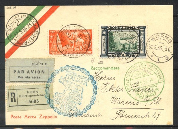 1933 - REGNO - LOTTO/40432 - CROCIERA ZEPPELIN BUSTA DA ROMA PER LA GERMANIA WORMS
